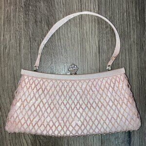 Franchi: Light pink beaded clutch with strap